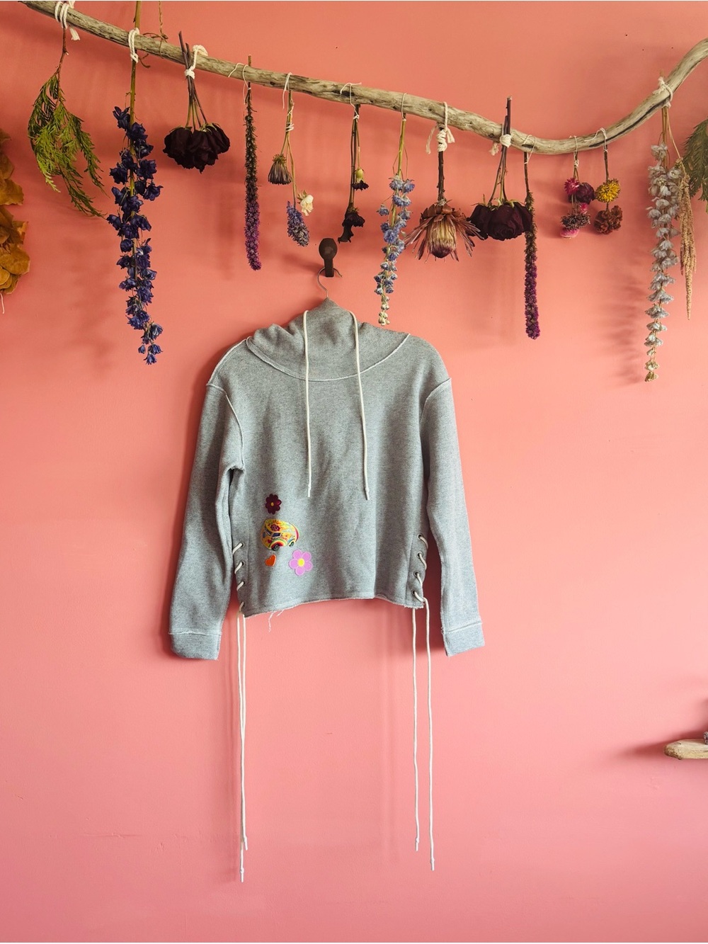 Gray Cropped Hoodie with Groovy Patches